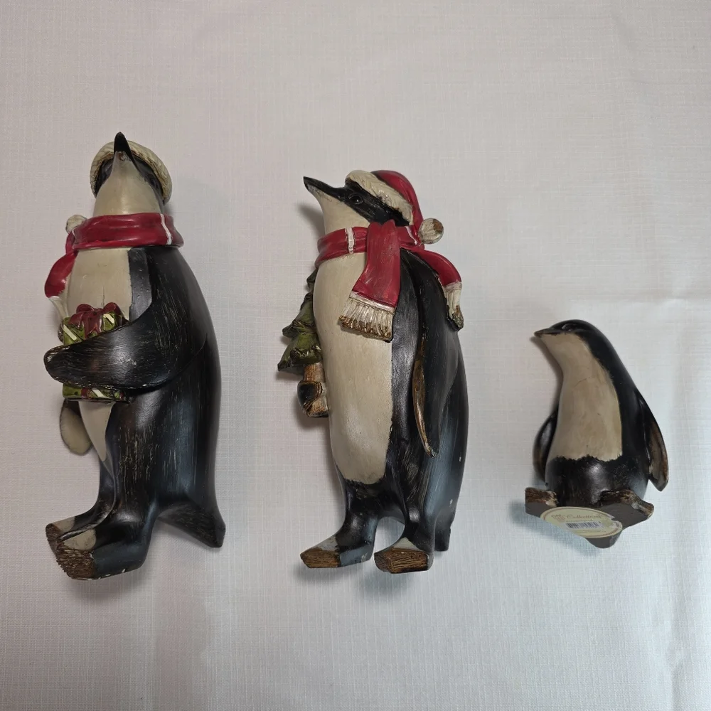 Festive Penguin Figurines with Red Scarves EUC Set Of 3
